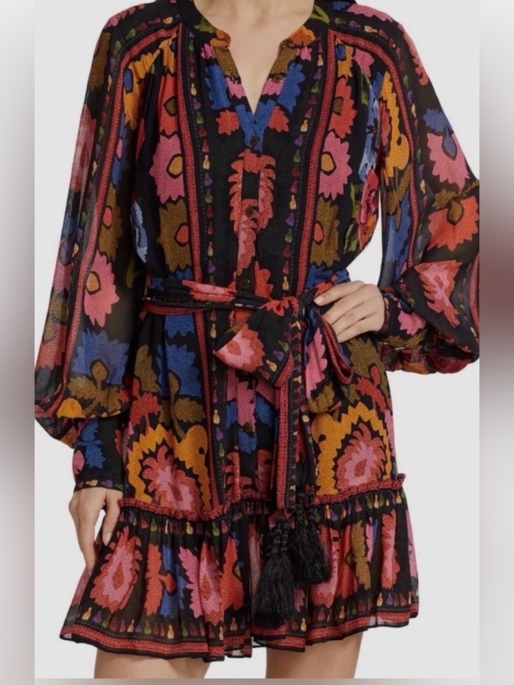 FARM Rio Black Floral Print Button-Front Dress with Pink and Blue Accents